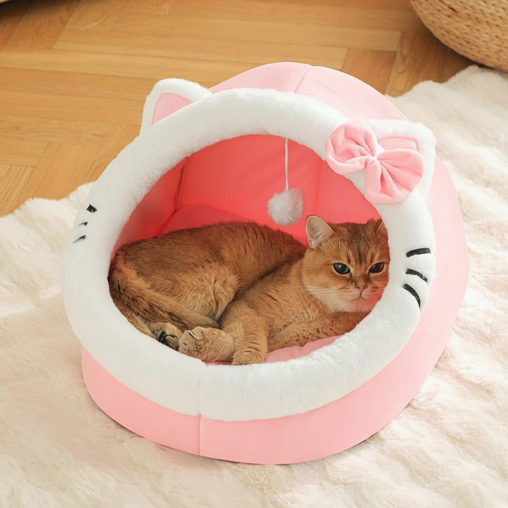 Cartoon Cat Cave Bed With Washable Cushion And Warm Enclosed Design