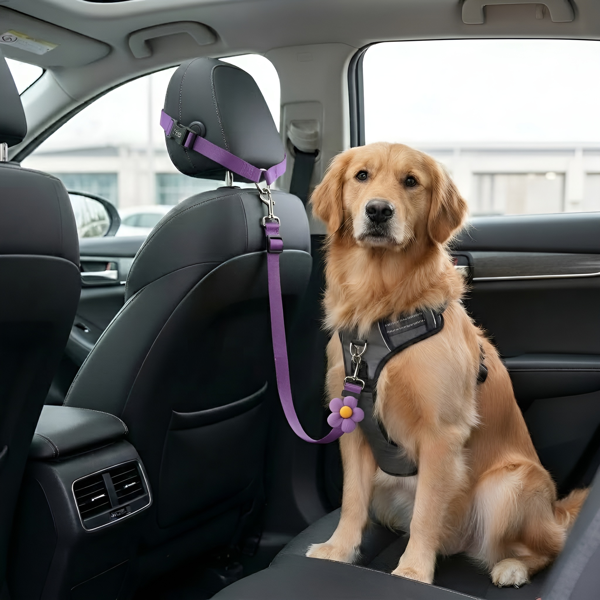 Dog Car Seat Belt With Adjustable Strap And Pet Safety Leash Buckle