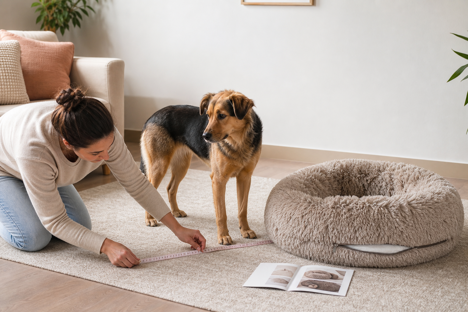 Dog beside a round faux-fur donut bed while its resting length is measured on the floor