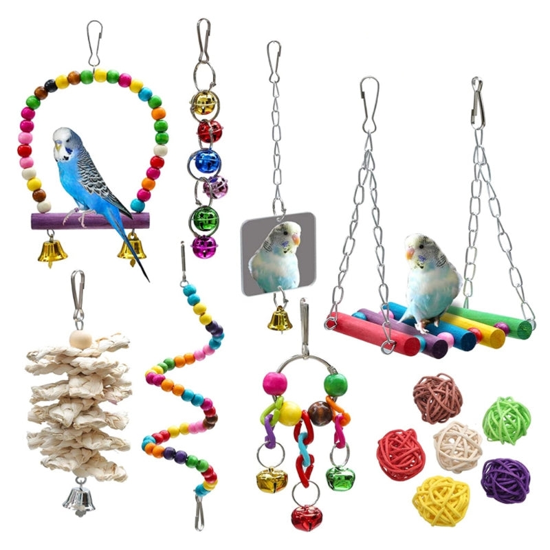 Wood Bird Swing Toy for Parrots Cockatiels and Budgies Cage Accessories for Mental Stimulation — front view