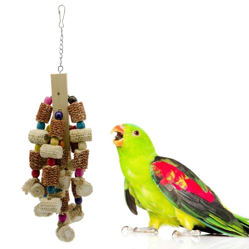 Wood Bird Swing Toy for Parrots Cockatiels and Budgies with Durable Cage Accessories for Mental Stimulation — in use