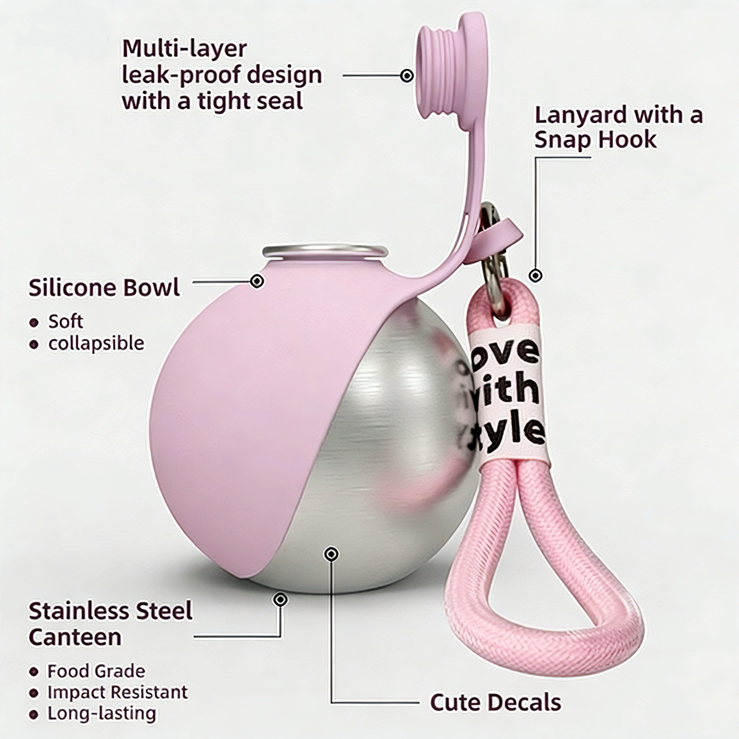 Portable Pet Water Bottle — 304 Stainless Steel, Leak-Proof, 285ML