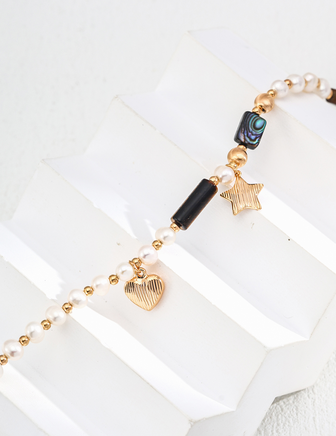 Pearl Tiger Eye Stone Abalone Shell Heart Star Necklace