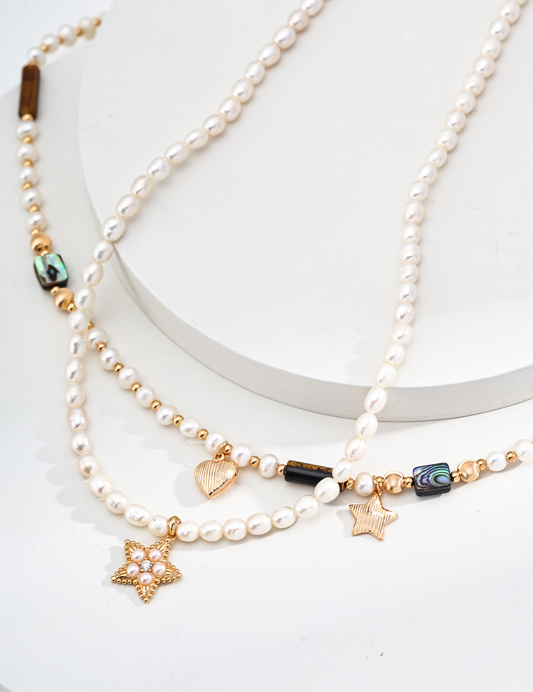 Pearl Tiger Eye Stone Abalone Shell Heart Star Necklace