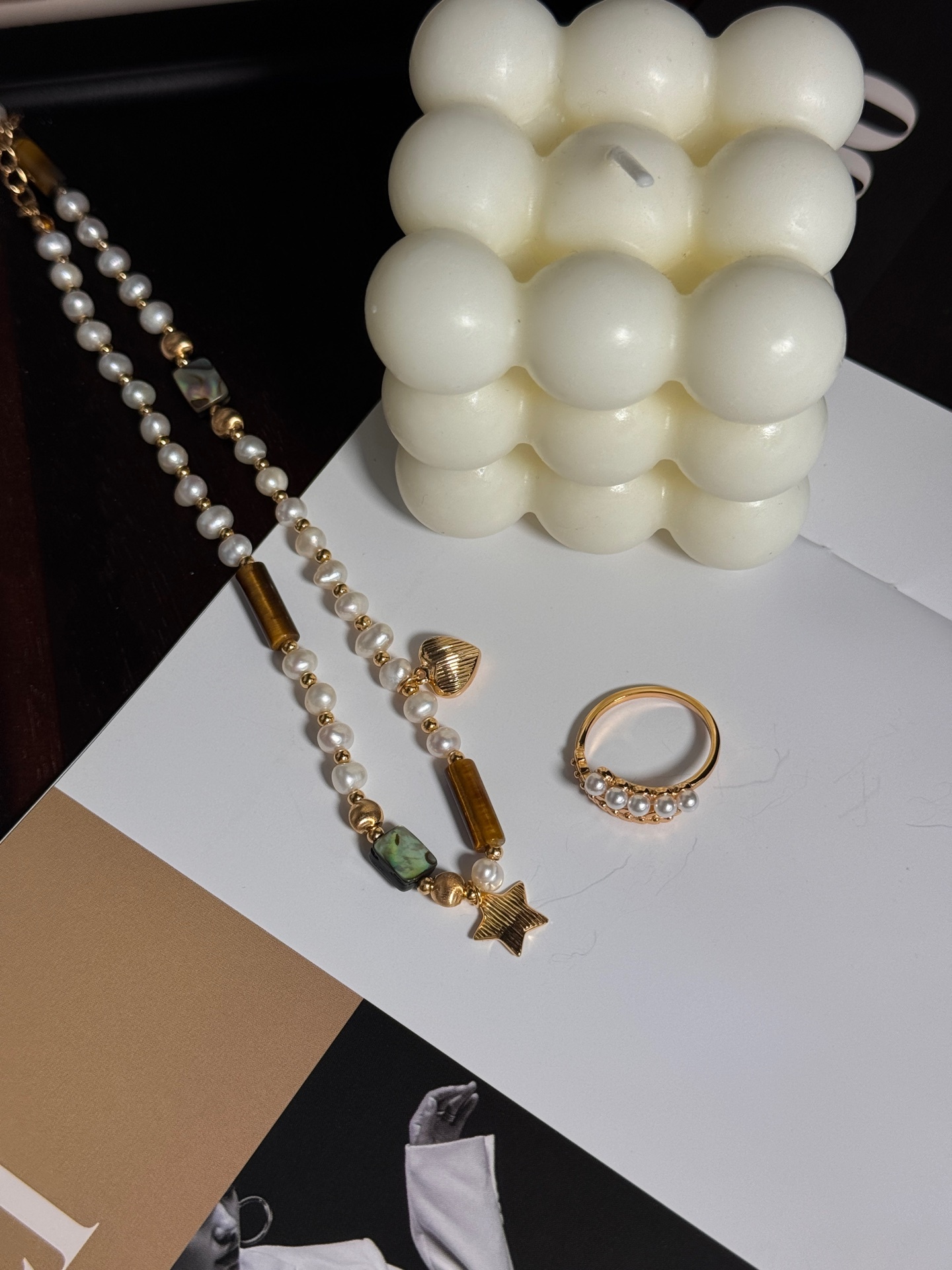 Pearl Tiger Eye Stone Abalone Shell Heart Star Necklace