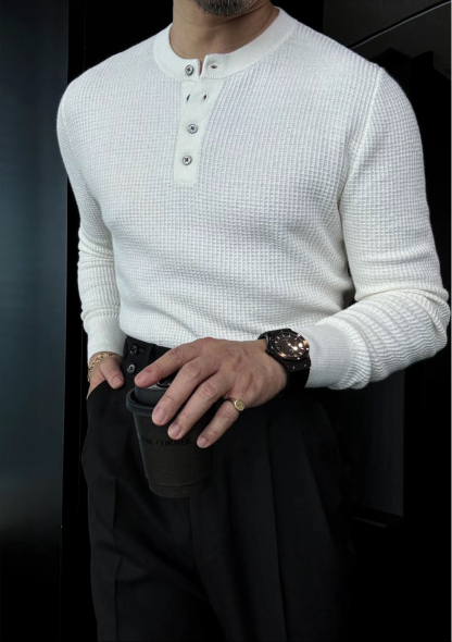 🔥50% off -Men's collarless waffle knit long-sleeved polo shirt