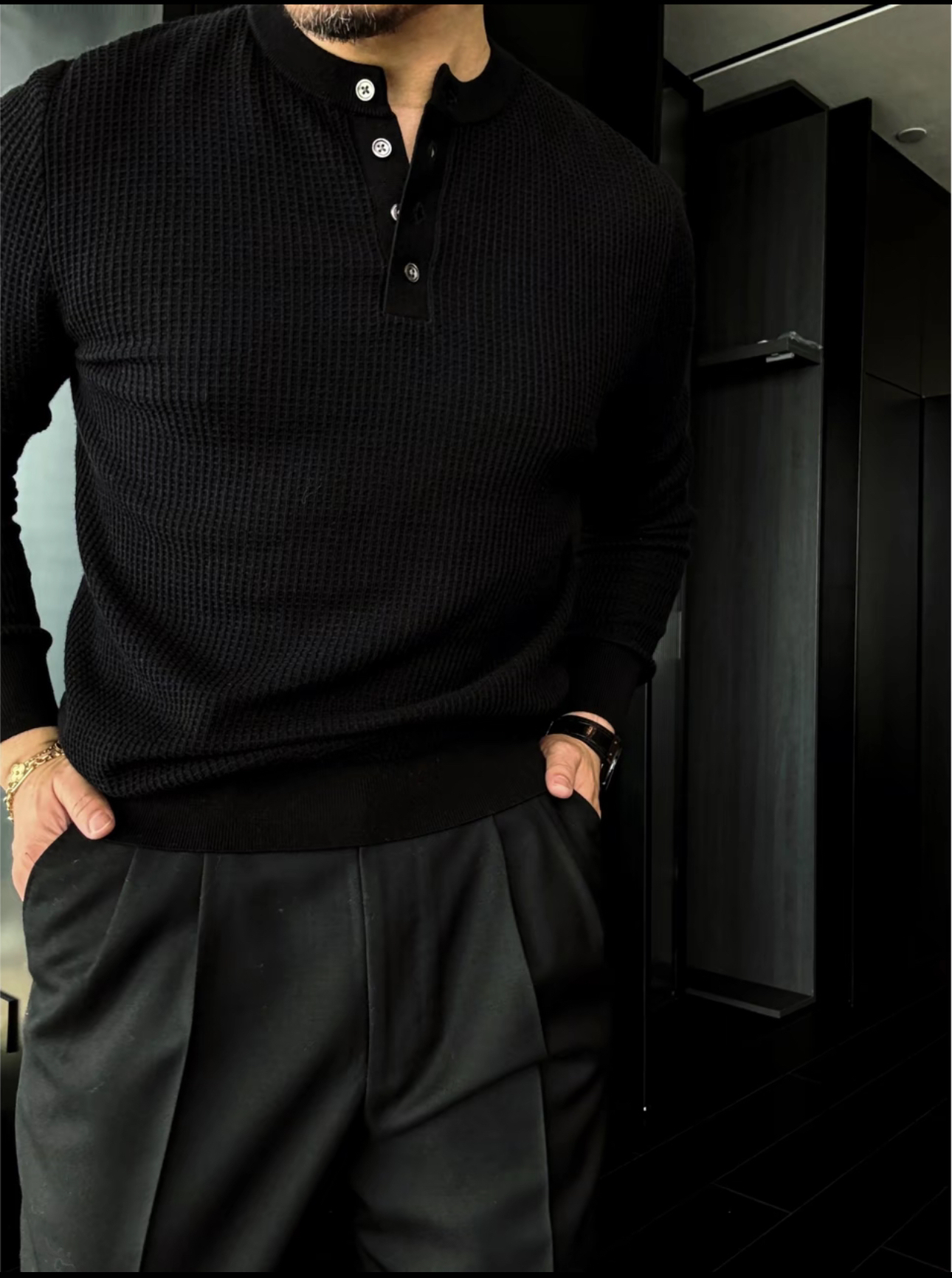 🔥50% off -Men's collarless waffle knit long-sleeved polo shirt