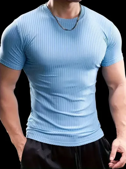 Men'S Summer Striped T-Shirt - Casual & Sporty, Slim Fit, High-Elasticity Ribbed Crew Neck Tee, Lightweight for Gym & Casual Attire