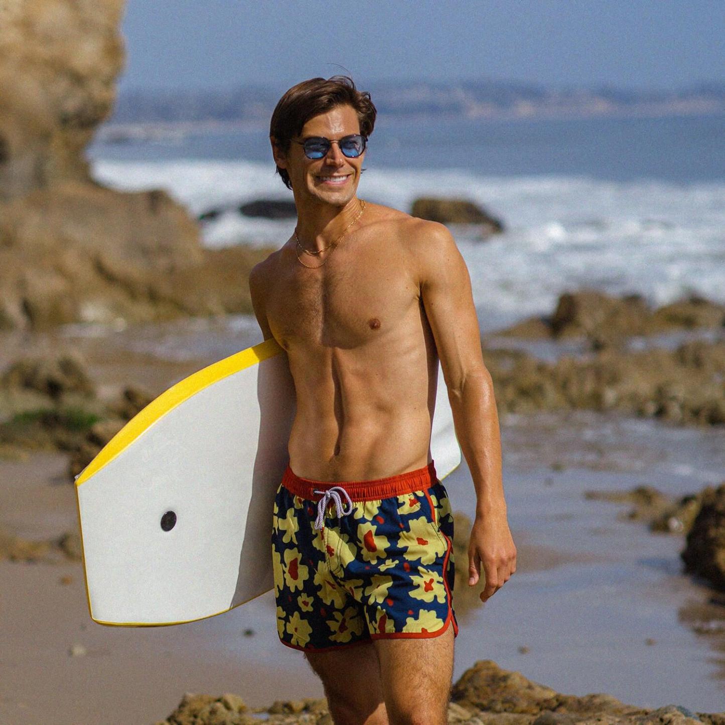 4.5 Inch Inseam Vintage Stretch Omelette Flower Swim Trunks-VibeCloset