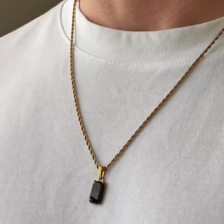 Emerald Cut Black Sapphire Pendant Necklace For Men