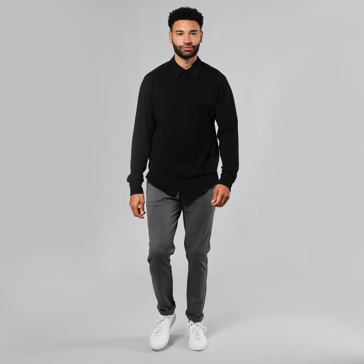 Black Long Sleeve Knit Shirt-VibeCloset