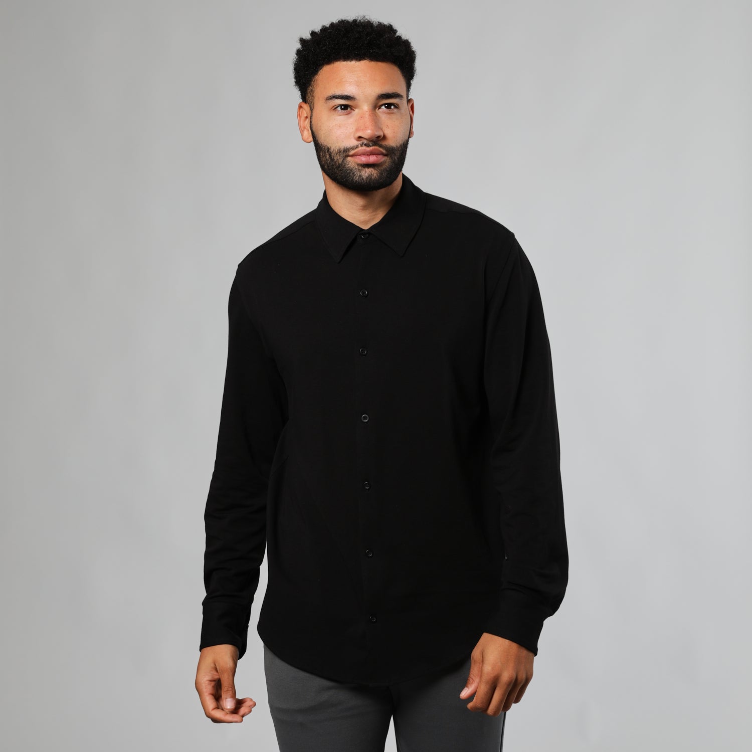 Black Long Sleeve Knit Shirt-VibeCloset