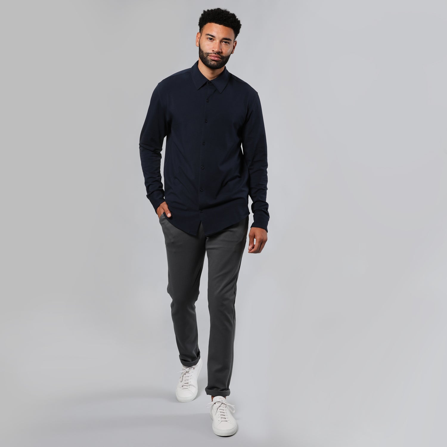 Navy Long Sleeve Knit Shirt-VibeCloset