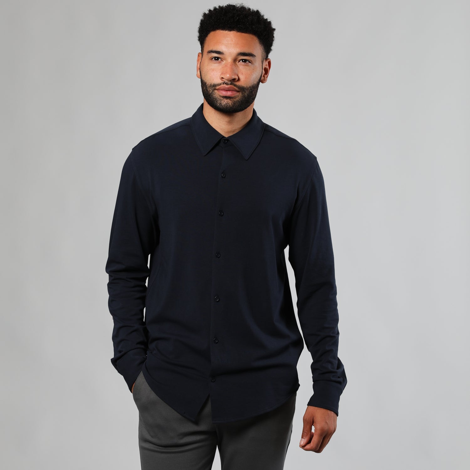 Navy Long Sleeve Knit Shirt-VibeCloset