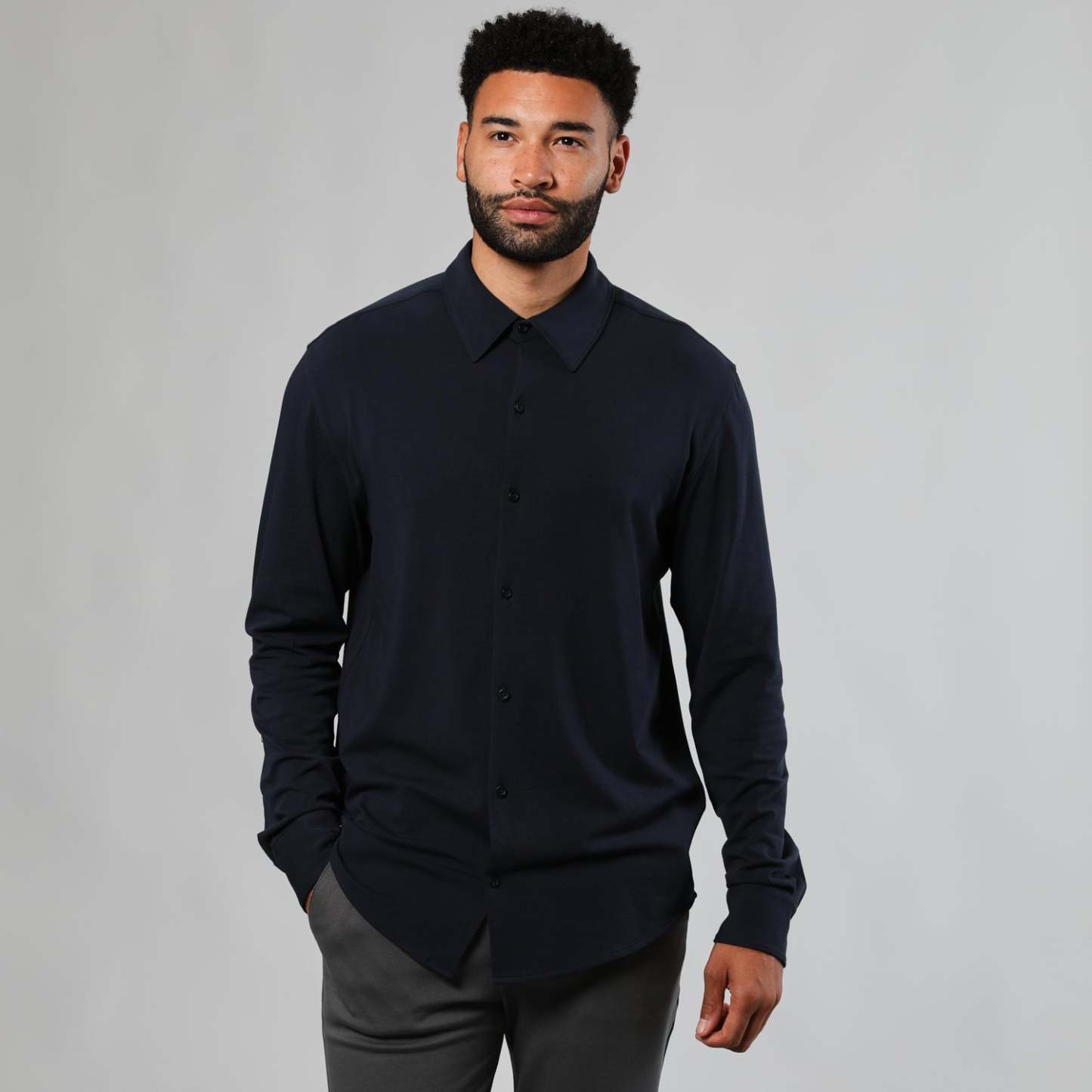 Navy Long Sleeve Knit Shirt-VibeCloset