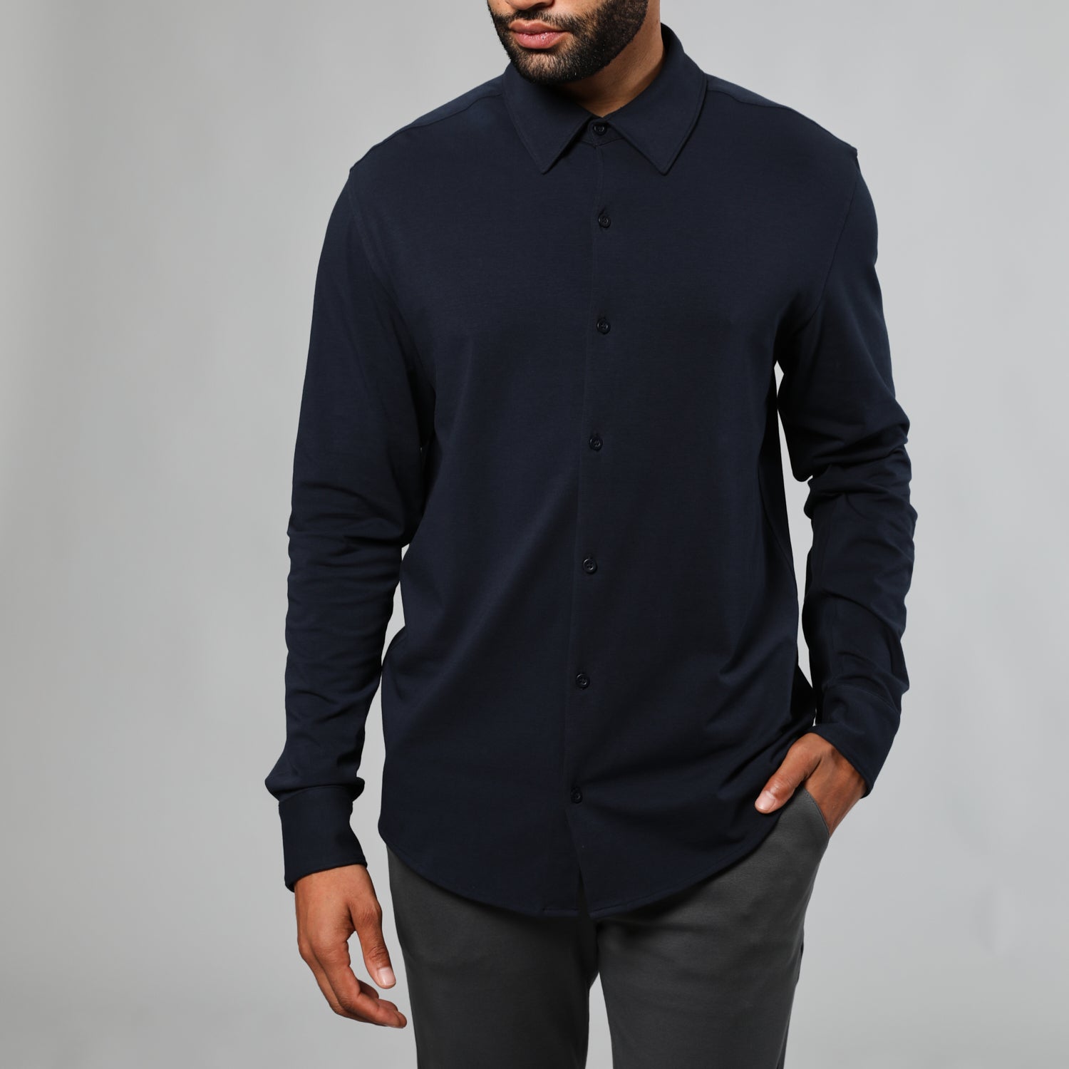 Navy Long Sleeve Knit Shirt-VibeCloset