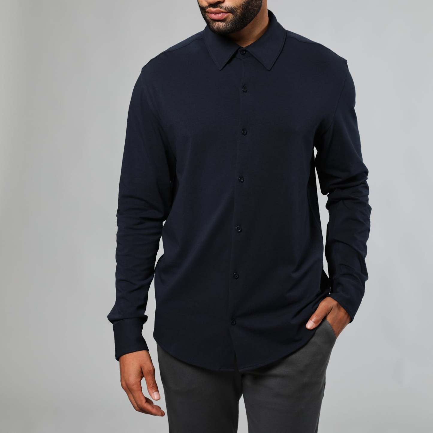 Navy Long Sleeve Knit Shirt-VibeCloset