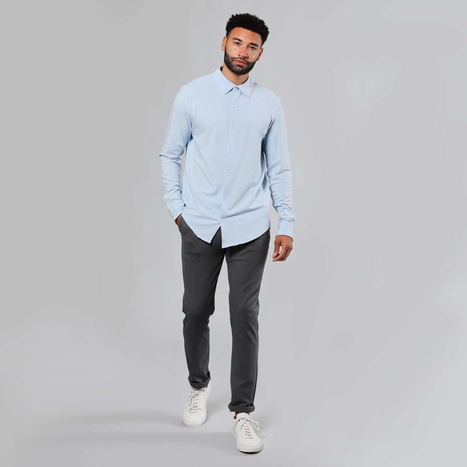 Pale Blue Long Sleeve Knit Shirt-VibeCloset