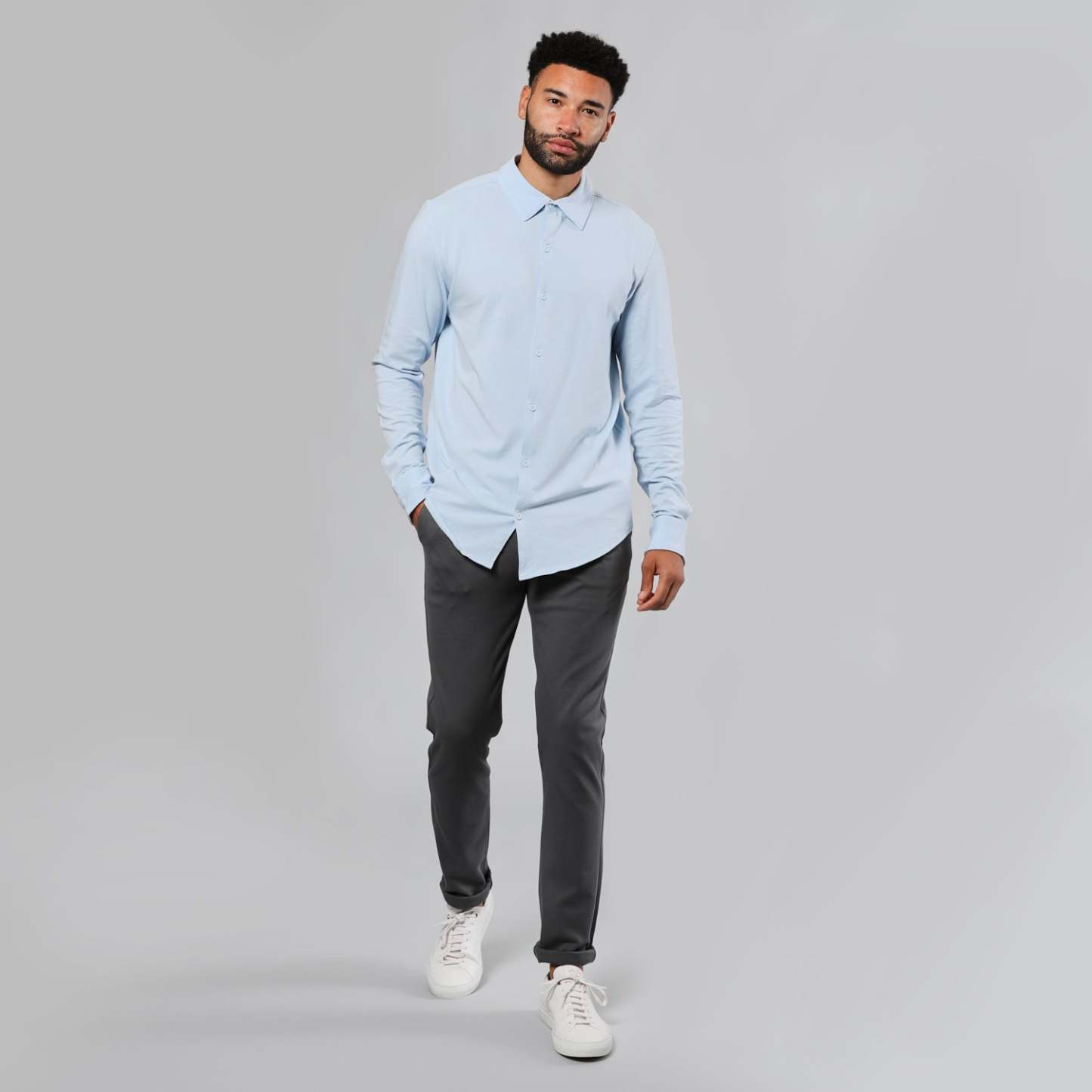 Pale Blue Long Sleeve Knit Shirt-VibeCloset