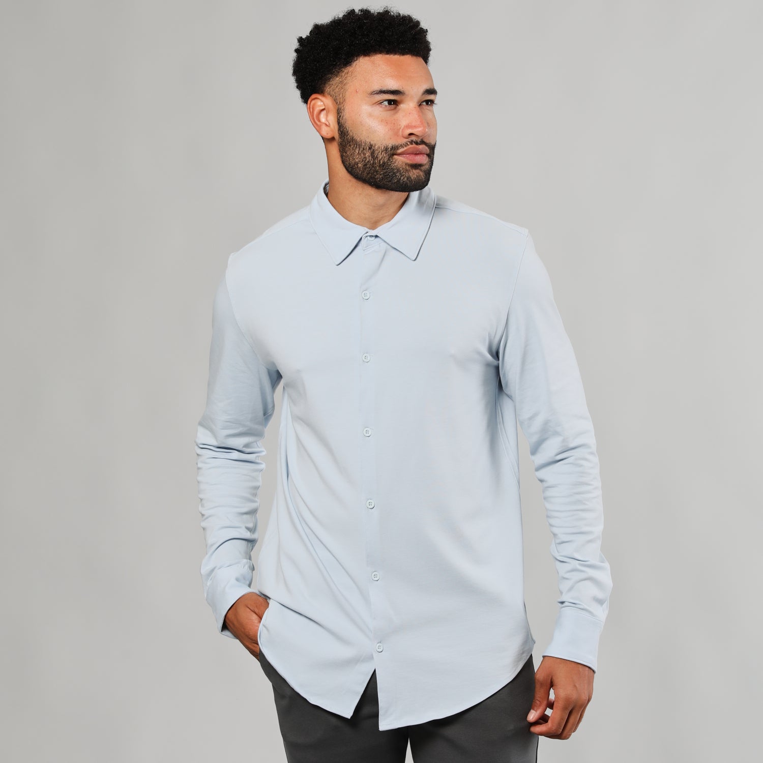 Pale Blue Long Sleeve Knit Shirt-VibeCloset