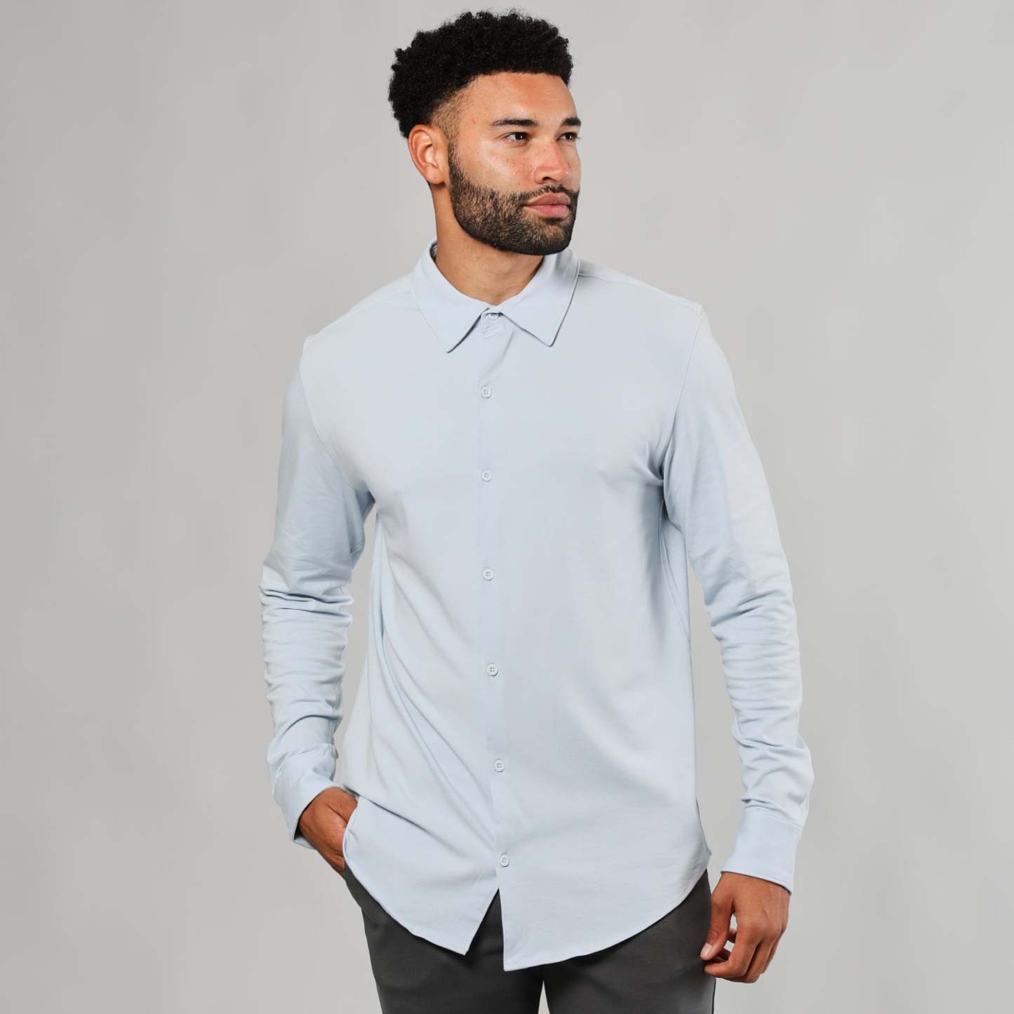 Pale Blue Long Sleeve Knit Shirt-VibeCloset