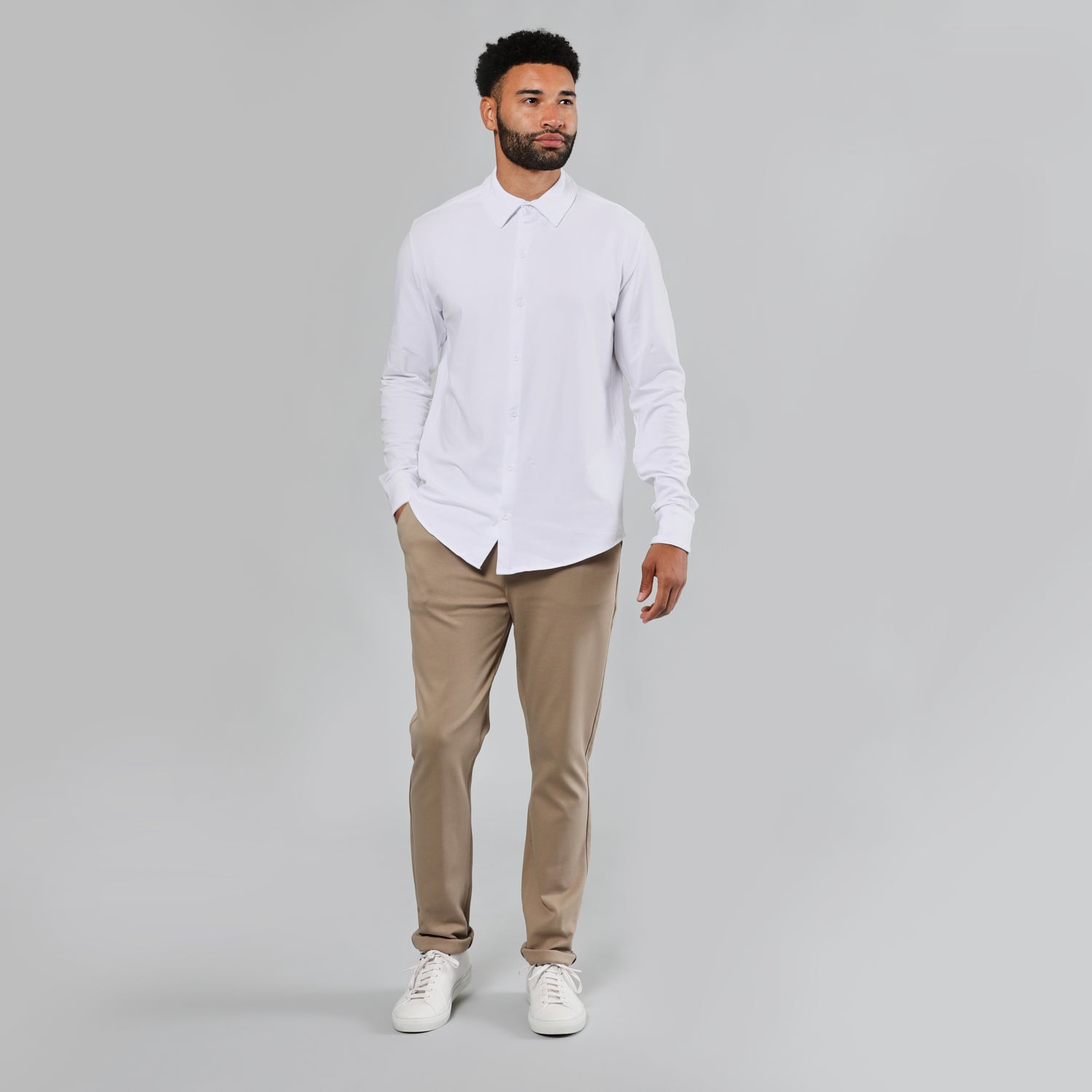 White Long Sleeve Knit Shirt-VibeCloset