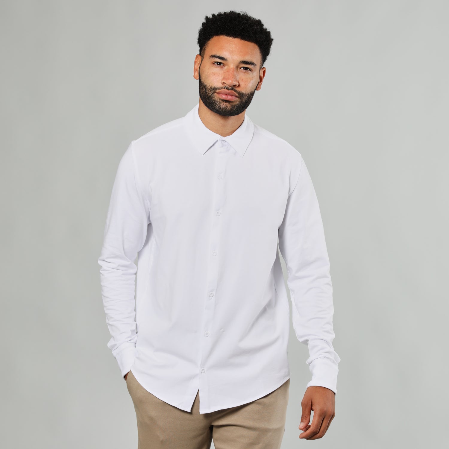 White Long Sleeve Knit Shirt-VibeCloset