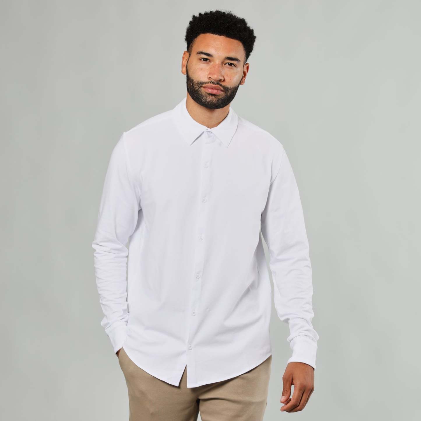 White Long Sleeve Knit Shirt-VibeCloset