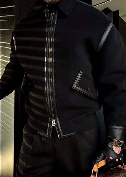 Leather-Trimmed Lapel Cashmere-Blend Jacket-VibeCloset