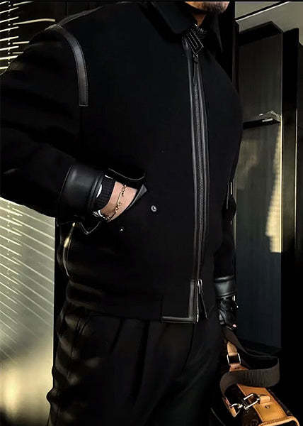 Leather-Trimmed Lapel Cashmere-Blend Jacket-VibeCloset