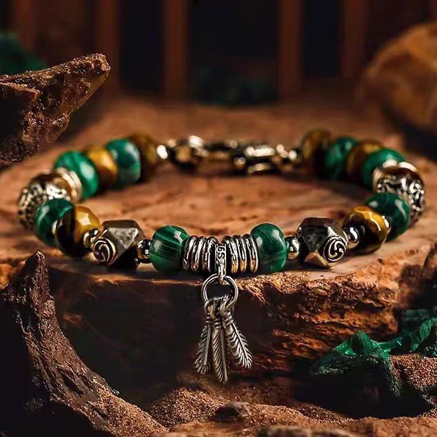 Olivenorma Men Tiger Eye Malachite Feather Pendant Beads Bracelet