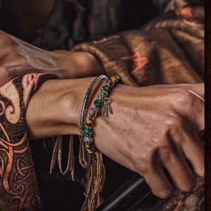 Olivenorma Men Tiger Eye Malachite Feather Pendant Beads Bracelet