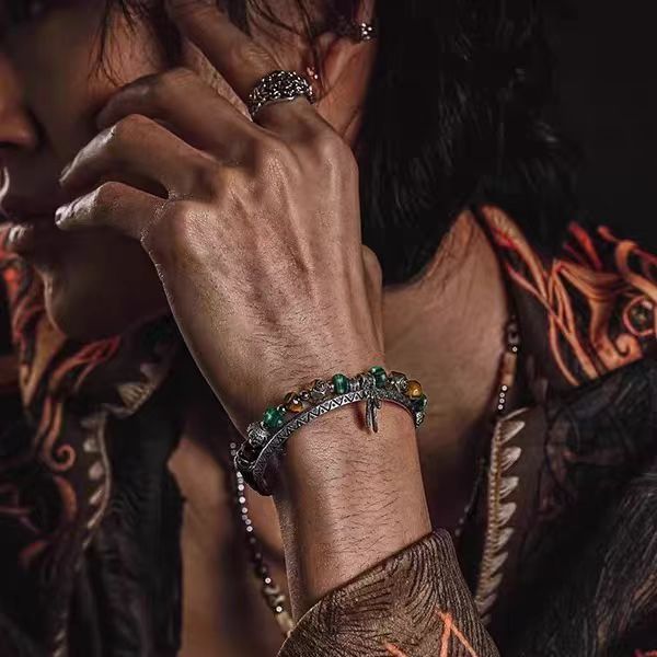 Olivenorma Men Tiger Eye Malachite Feather Pendant Beads Bracelet