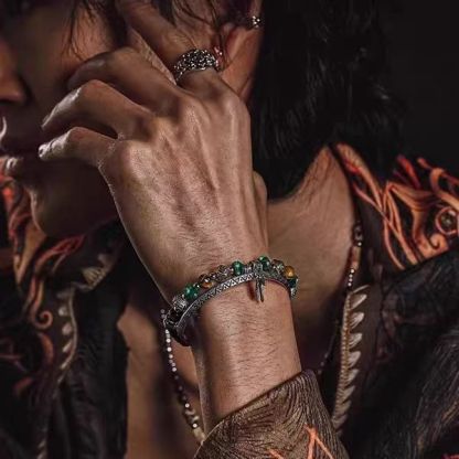 Olivenorma Men Tiger Eye Malachite Feather Pendant Beads Bracelet