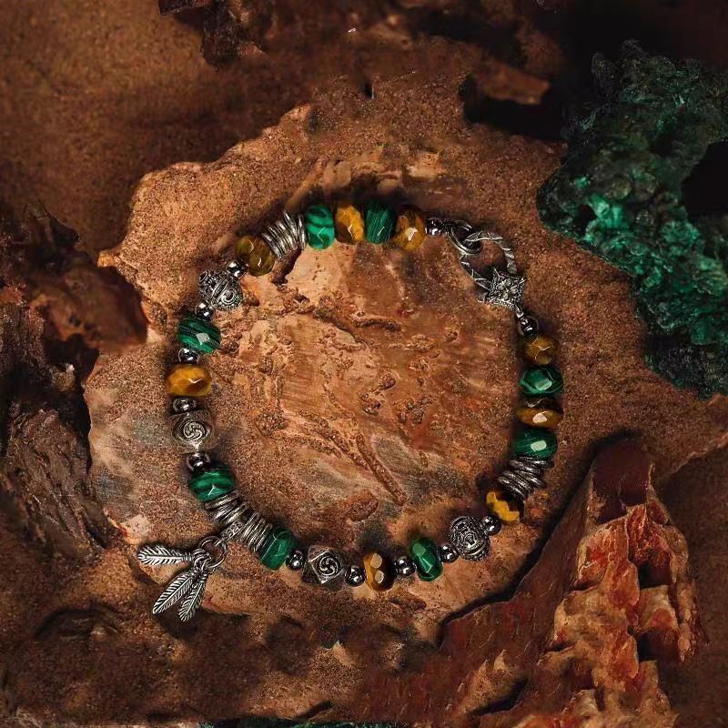 Olivenorma Men Tiger Eye Malachite Feather Pendant Beads Bracelet