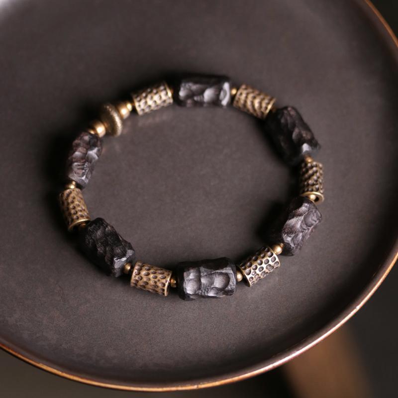 Karma Stone Tibetan Ebony Wood Copper Calm Peace Bracelet