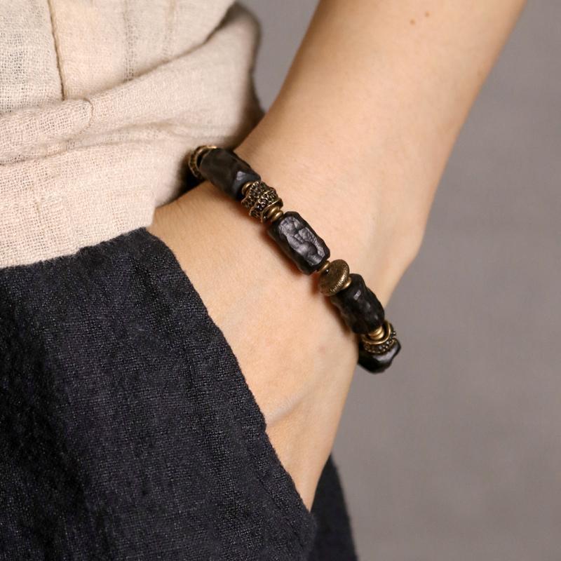 Karma Stone Tibetan Ebony Wood Copper Calm Peace Bracelet