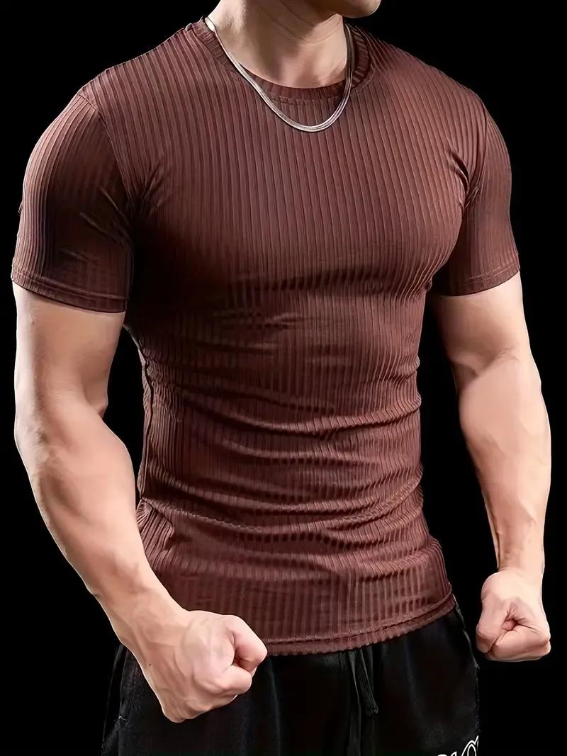 Men'S Summer Striped T-Shirt - Casual & Sporty, Slim Fit, High-Elasticity Ribbed Crew Neck Tee, Lightweight for Gym & Casual Attire