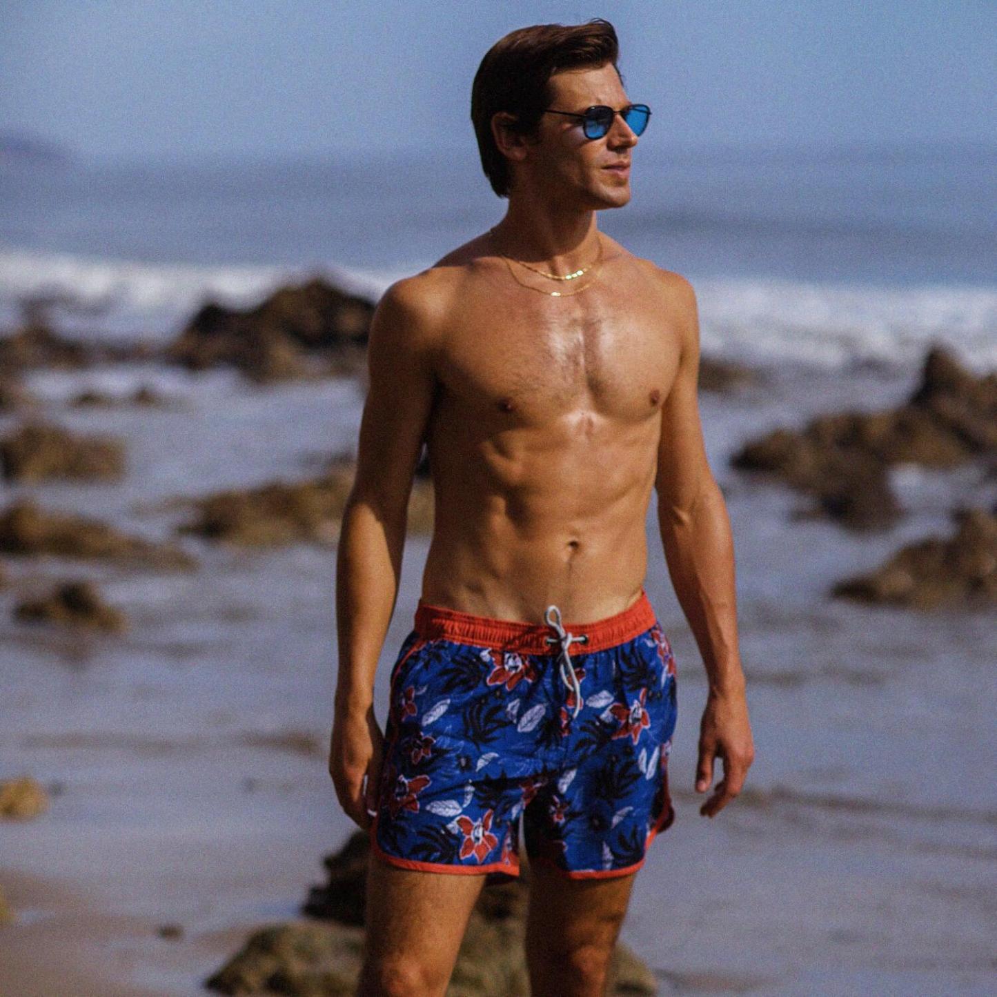 4.5 Inch Inseam Vintage Stretch Night Elf Flower Swim Trunks-VibeCloset