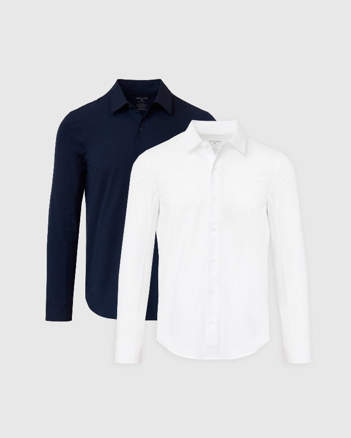 Navy and White Commuter Long Sleeve Shirt 2-Pack-VibeCloset