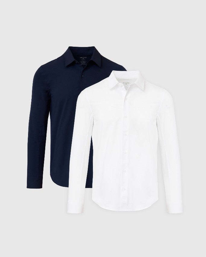 Navy and White Commuter Long Sleeve Shirt 2-Pack-VibeCloset
