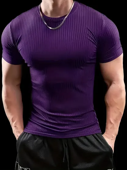 Men'S Summer Striped T-Shirt - Casual & Sporty, Slim Fit, High-Elasticity Ribbed Crew Neck Tee, Lightweight for Gym & Casual Attire