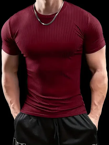 Men'S Summer Striped T-Shirt - Casual & Sporty, Slim Fit, High-Elasticity Ribbed Crew Neck Tee, Lightweight for Gym & Casual Attire