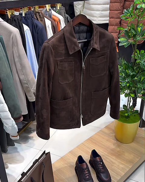 Suede Lapel Multi-Pocket Double Zip Jacket-VibeCloset