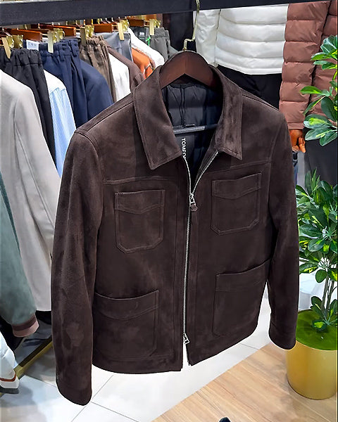 Suede Lapel Multi-Pocket Double Zip Jacket-VibeCloset