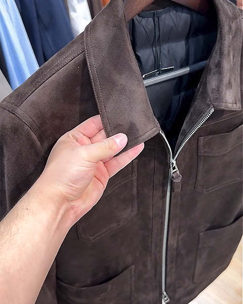 Suede Lapel Multi-Pocket Double Zip Jacket-VibeCloset
