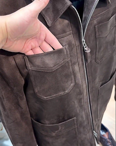 Suede Lapel Multi-Pocket Double Zip Jacket-VibeCloset