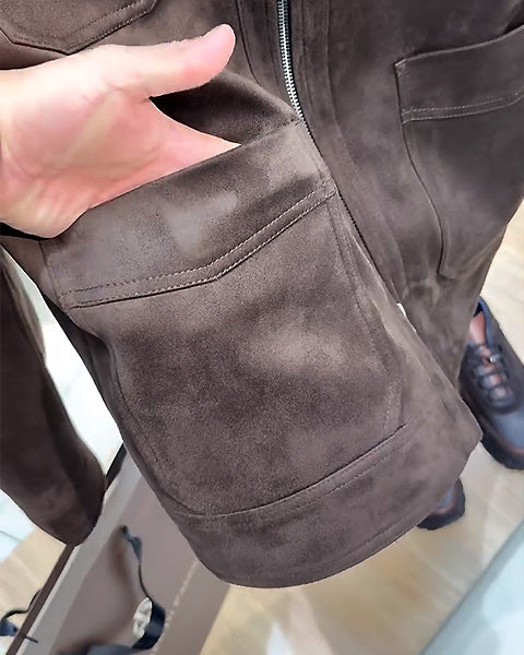 Suede Lapel Multi-Pocket Double Zip Jacket-VibeCloset