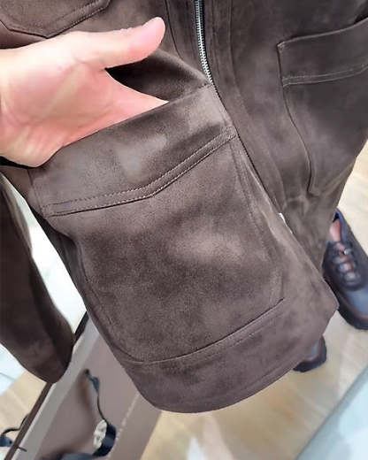 Suede Lapel Multi-Pocket Double Zip Jacket-VibeCloset