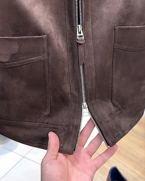 Suede Lapel Multi-Pocket Double Zip Jacket-VibeCloset